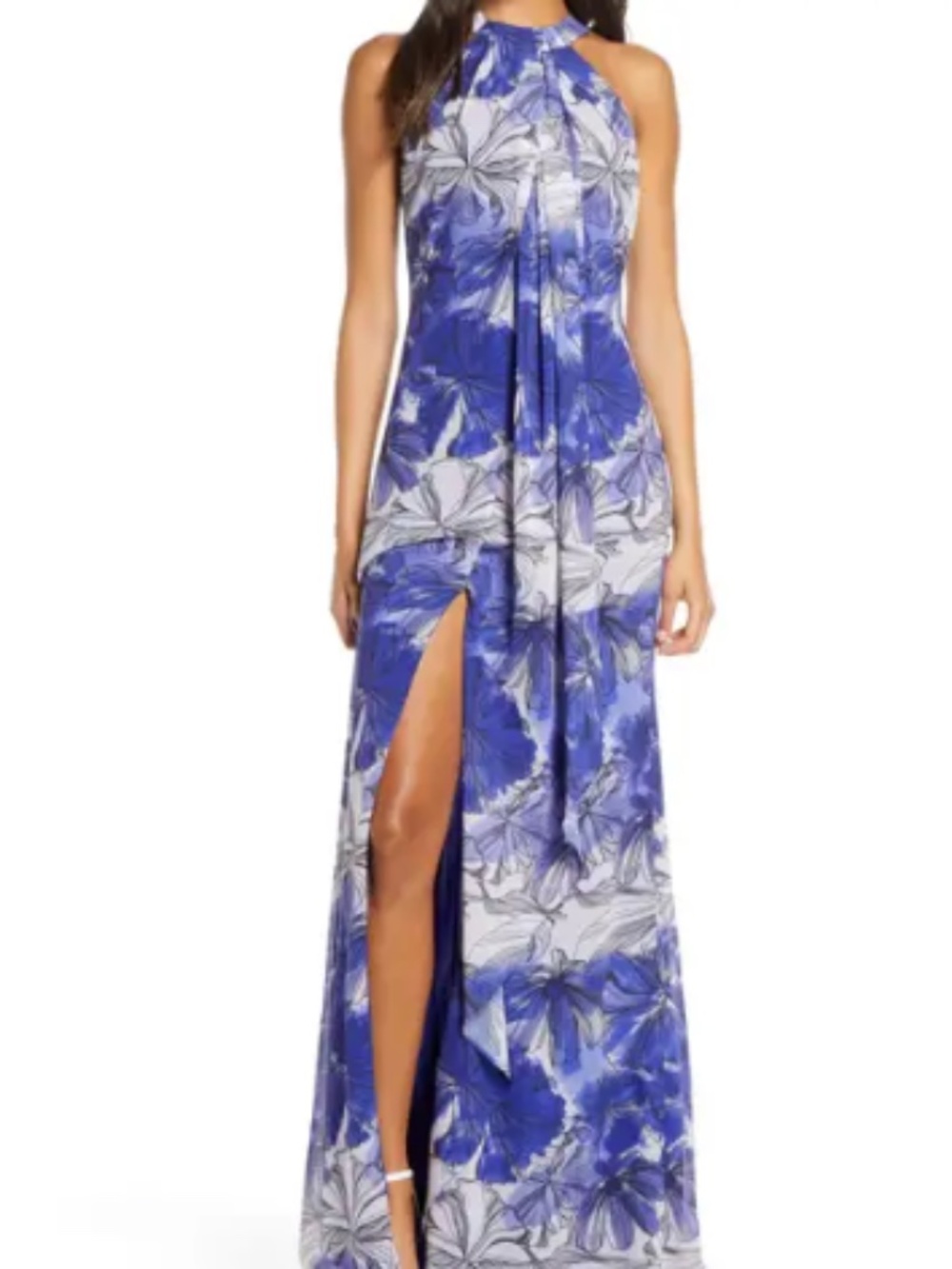 Badgley Mischka Blue and White Floral Halter Maxi Dress